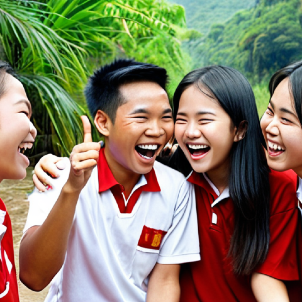 **  A group of Vietnamese teenagers laughing and participating enthusiastically in a team-building activity outdoors, led by a smiling, confident youth tour guide. The scene emphasizes communication, teamwork, and positive energy.

**