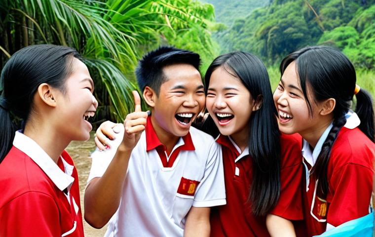 **  A group of Vietnamese teenagers laughing and participating enthusiastically in a team-building activity outdoors, led by a smiling, confident youth tour guide. The scene emphasizes communication, teamwork, and positive energy.

**