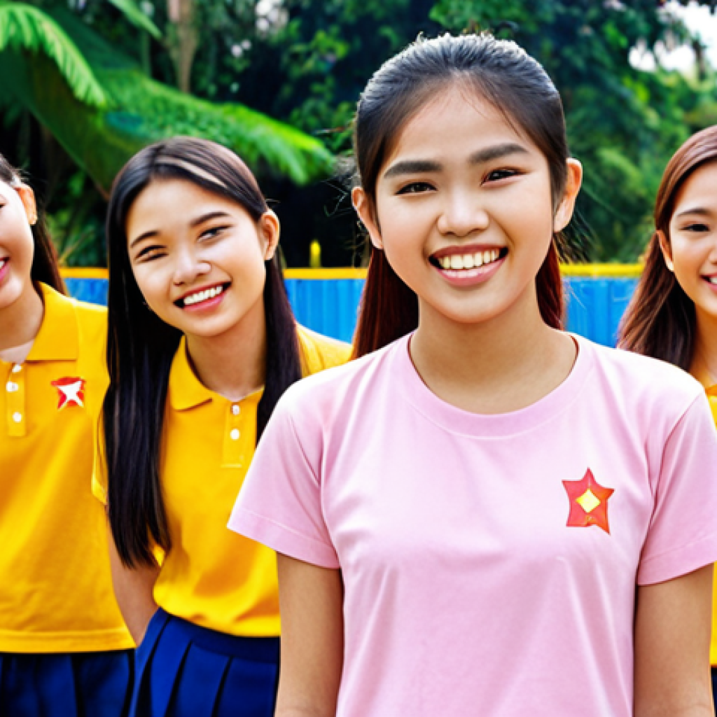**

*   A group of Vietnamese teenagers participating in team-building activities outdoors.  Focus on vibrant colors, happy expressions, and modern youth fashion.  Background could be a park or community center setting.  Emphasize the positive energy of youth leadership training.

**
