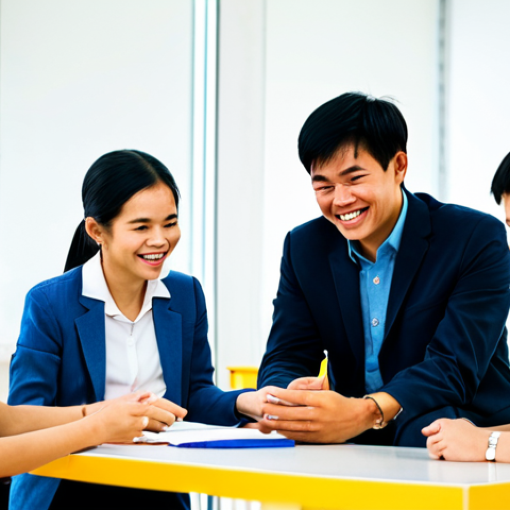 A diverse group of Vietnamese young people, aged 15-18, engaged in a collaborative activity with adult mentors, including professional counselors and non-profit organization (NPO) staff, in a brightly lit community center in Vietnam. All subjects are fully clothed in modest, appropriate attire and professional casual wear. They are seated around a large table, interacting positively, with some discussing materials and others smiling. The background features blurred modern architecture and warm, inviting colors. This scene emphasizes inter-sectoral cooperation and community support for youth development. Perfect anatomy, correct proportions, natural pose, well-formed hands, proper finger count, natural body proportions. Safe for work, appropriate content, family-friendly, professional photography, high quality.