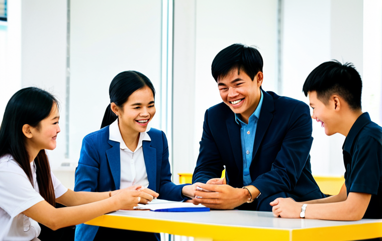 A diverse group of Vietnamese young people, aged 15-18, engaged in a collaborative activity with adult mentors, including professional counselors and non-profit organization (NPO) staff, in a brightly lit community center in Vietnam. All subjects are fully clothed in modest, appropriate attire and professional casual wear. They are seated around a large table, interacting positively, with some discussing materials and others smiling. The background features blurred modern architecture and warm, inviting colors. This scene emphasizes inter-sectoral cooperation and community support for youth development. Perfect anatomy, correct proportions, natural pose, well-formed hands, proper finger count, natural body proportions. Safe for work, appropriate content, family-friendly, professional photography, high quality.