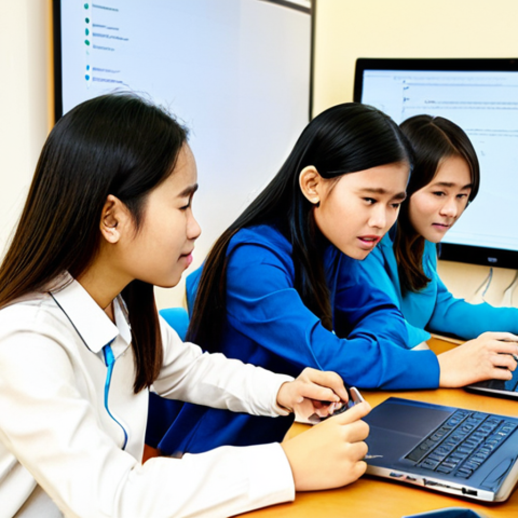 **Prompt 1: Digital Literacy and Collaborative Learning**
    A diverse group of Vietnamese teenagers, fully clothed in modest, contemporary casual wear, are seated around a collaborative digital workstation in a bright, modern community learning center. They are engaged in a discussion, looking at a tablet screen and a laptop, demonstrating critical thinking and digital literacy. One teen is pointing to the screen, while others are listening attentively and taking notes. The atmosphere is positive, focused, and intellectually stimulating. The image features perfect anatomy, correct proportions, natural poses, well-formed hands, and proper finger count. This is a professional photograph, high quality, safe for work, appropriate content, and family-friendly.