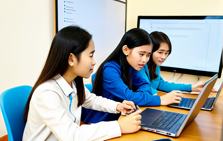 **Prompt 1: Digital Literacy and Collaborative Learning**
    A diverse group of Vietnamese teenagers, fully clothed in modest, contemporary casual wear, are seated around a collaborative digital workstation in a bright, modern community learning center. They are engaged in a discussion, looking at a tablet screen and a laptop, demonstrating critical thinking and digital literacy. One teen is pointing to the screen, while others are listening attentively and taking notes. The atmosphere is positive, focused, and intellectually stimulating. The image features perfect anatomy, correct proportions, natural poses, well-formed hands, and proper finger count. This is a professional photograph, high quality, safe for work, appropriate content, and family-friendly.