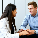 A compassionate professional youth mentor, fully clothed in modest business attire, sits attentively, engaging in active listening with a teenage girl in appropriate casual wear. They are in a well-lit, modern counseling office, designed to be a safe and private space. The mentor's expression is empathetic and non-judgmental, fostering an environment of trust and understanding. The scene emphasizes emotional support and open communication. Perfect anatomy, correct proportions, natural pose, well-formed hands, proper finger count, natural body proportions, professional photography, high quality, safe for work, appropriate content, family-friendly.