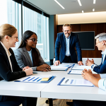 A group of diverse professionals, including a youth counselor and representatives from an educational institution and a corporate partner, are engaged in a collaborative discussion around a large, modern conference table. They are looking at documents and a shared screen, actively exchanging ideas. All subjects are fully clothed in modest business attire and professional dress, reflecting a sense of teamwork and shared purpose. The setting is a well-lit, contemporary office meeting room. Perfect anatomy, correct proportions, natural poses, well-formed hands, proper finger count. Professional photography, high quality, realistic, natural lighting. Safe for work, appropriate content, family-friendly.