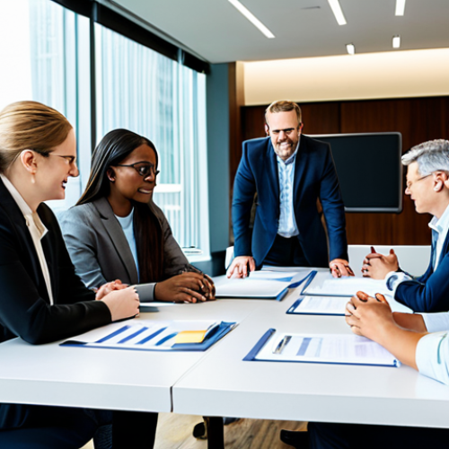A group of diverse professionals, including a youth counselor and representatives from an educational institution and a corporate partner, are engaged in a collaborative discussion around a large, modern conference table. They are looking at documents and a shared screen, actively exchanging ideas. All subjects are fully clothed in modest business attire and professional dress, reflecting a sense of teamwork and shared purpose. The setting is a well-lit, contemporary office meeting room. Perfect anatomy, correct proportions, natural poses, well-formed hands, proper finger count. Professional photography, high quality, realistic, natural lighting. Safe for work, appropriate content, family-friendly.
