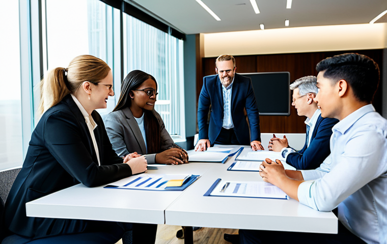 A group of diverse professionals, including a youth counselor and representatives from an educational institution and a corporate partner, are engaged in a collaborative discussion around a large, modern conference table. They are looking at documents and a shared screen, actively exchanging ideas. All subjects are fully clothed in modest business attire and professional dress, reflecting a sense of teamwork and shared purpose. The setting is a well-lit, contemporary office meeting room. Perfect anatomy, correct proportions, natural poses, well-formed hands, proper finger count. Professional photography, high quality, realistic, natural lighting. Safe for work, appropriate content, family-friendly.