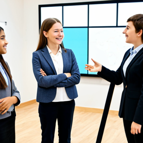 A professional female youth instructor, wearing a modest, stylish blazer over a simple blouse and dark trousers, is facilitating a lively group discussion with a diverse group of teenagers (ages 14-17) in a modern, well-lit collaborative learning center. She stands near a large interactive screen, gesturing with an open hand, engaging with the students who are seated at circular tables, actively participating. The background shows blurred collaborative artwork and educational displays. The scene emphasizes positive interaction and knowledge sharing. Safe for work, appropriate content, fully clothed, professional, perfect anatomy, correct proportions, natural pose, well-formed hands, proper finger count, natural body proportions, high-quality professional photography.