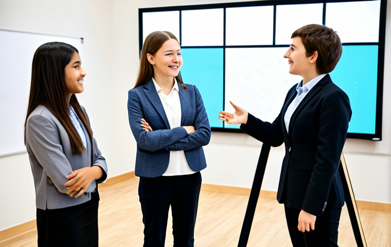 A professional female youth instructor, wearing a modest, stylish blazer over a simple blouse and dark trousers, is facilitating a lively group discussion with a diverse group of teenagers (ages 14-17) in a modern, well-lit collaborative learning center. She stands near a large interactive screen, gesturing with an open hand, engaging with the students who are seated at circular tables, actively participating. The background shows blurred collaborative artwork and educational displays. The scene emphasizes positive interaction and knowledge sharing. Safe for work, appropriate content, fully clothed, professional, perfect anatomy, correct proportions, natural pose, well-formed hands, proper finger count, natural body proportions, high-quality professional photography.