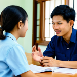 A compassionate Vietnamese youth development professional, fully clothed in professional, modest attire, is engaging in a supportive conversation with a Vietnamese teenager. They are seated at a clean, modern table in a brightly lit, welcoming community center in Vietnam, surrounded by subtly visible educational materials. The professional is actively listening with an encouraging expression, and the teenager is attentively engaged, reflecting trust and open communication. The scene emphasizes positive guidance and mentorship. Perfect anatomy, correct proportions, natural pose, well-formed hands, proper finger count, natural body proportions. Professional photography, high quality, realistic, natural lighting, appropriate content, safe for work, fully clothed, family-friendly.
